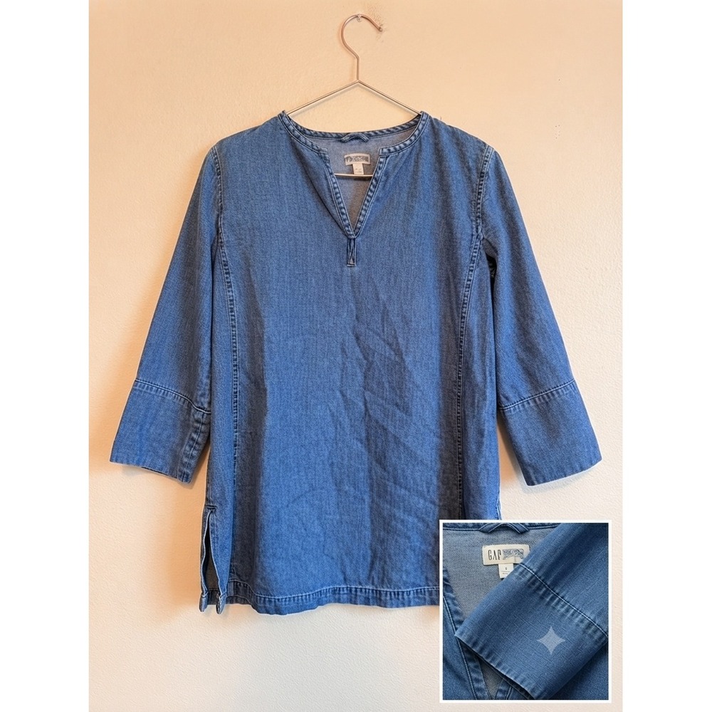 Gap Tunic Top Women Small Blue Denim Split Neck 3/4 Sleeve Casual Boho Side Slit